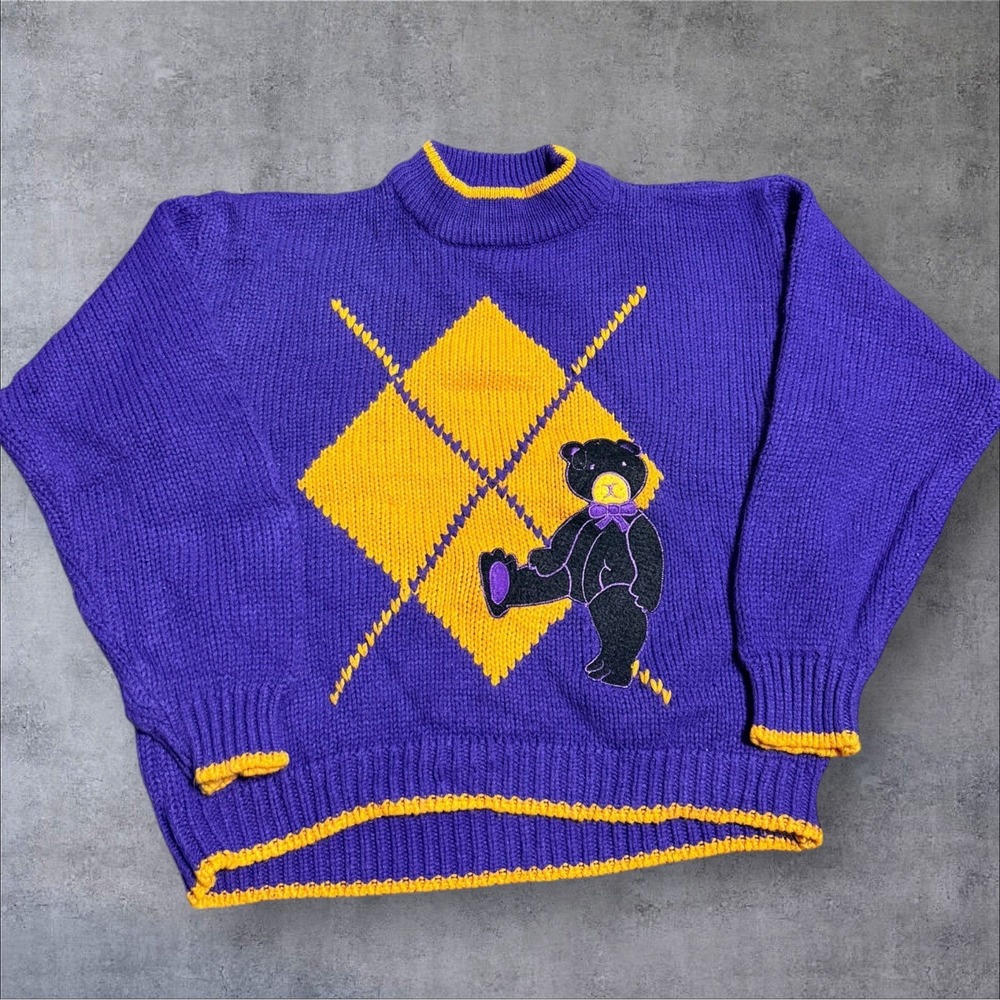 Vintage Stefano‎ Teddy Bear Purple Turtleneck Sweater L Unisex Cottagecore